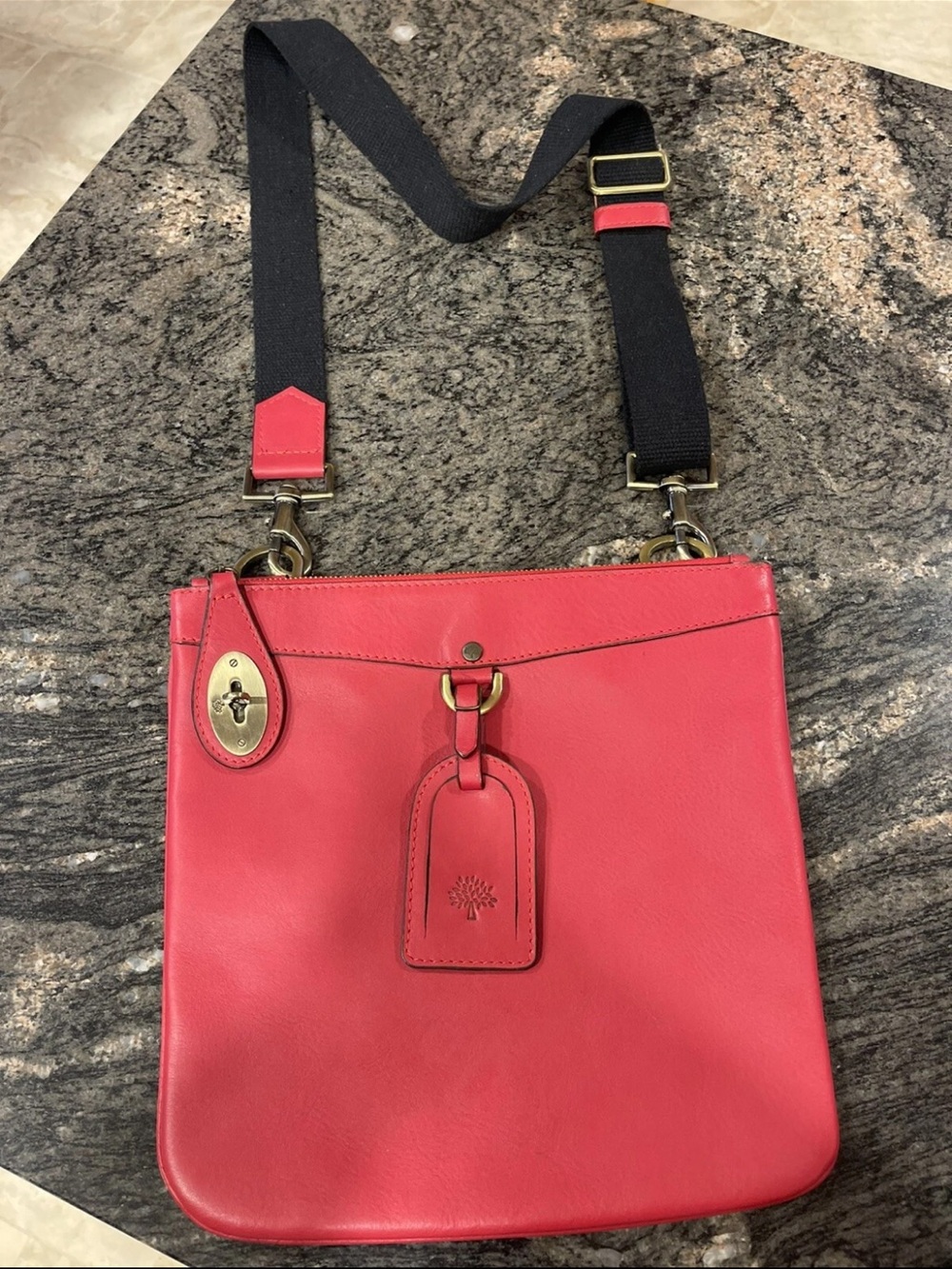Mulberry Coral Red Leather Crossbody with Black Adjustable Strap